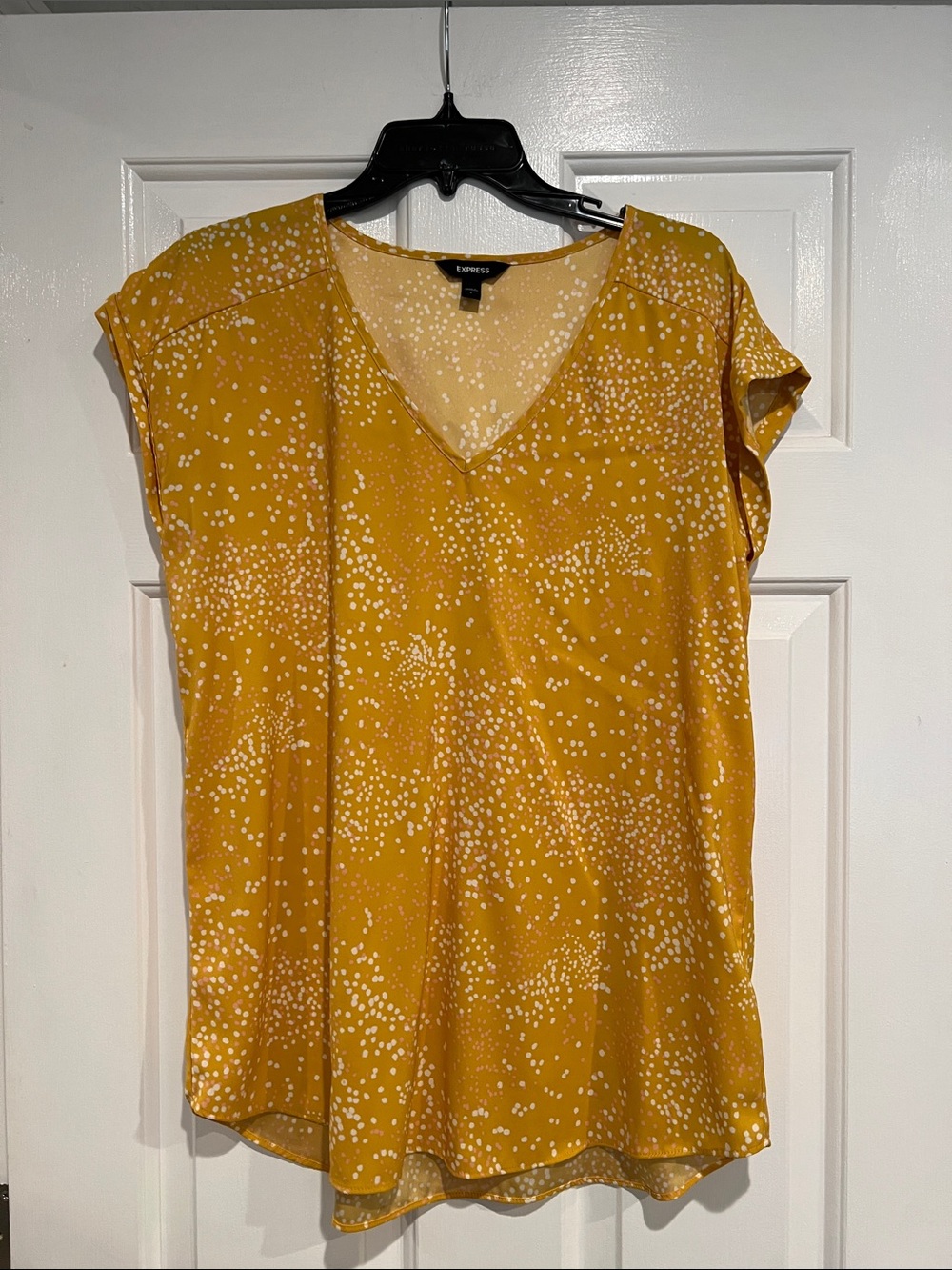 Express Mustard Yellow V-Neck Dot Print Cap Sleeve Blouse